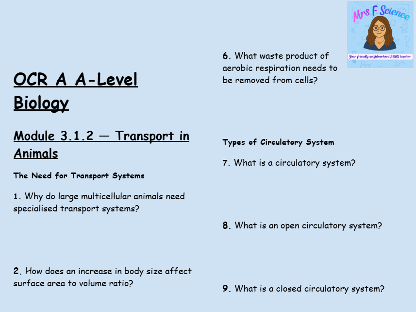 OCR A A-Level Biology: Module 3.1.2 Transport in Animals | 50 Questions & Answers