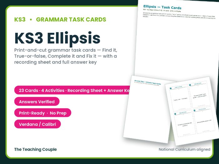 KS3 Ellipsis Task Cards – 23 Grammar Cards + Answer Key