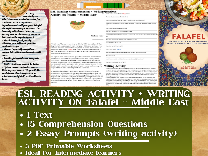 ESL Reading Comprehension + Writing Activity Worksheets on Falafel - Middle East