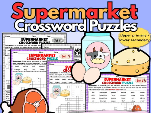 Supermarket Color / B&W Differentiated Crossword Printables with Word Bank