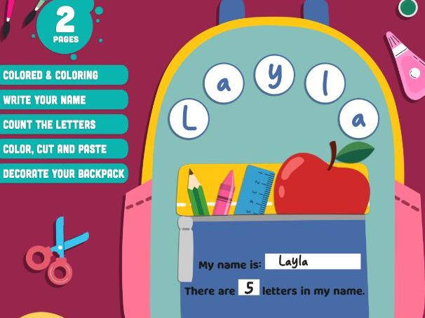 Back to School Backpack Craft, My Name Activity, Name Recognition, Letter Counting, Color & B&W PDF