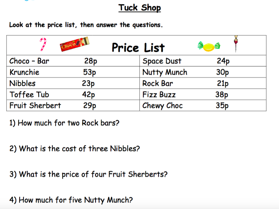 Money. Real Life Words Problems.  Tuck Shop