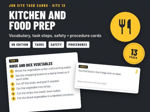 Kitchen + Food Prep Task Cards: Knife Safety, Labels + Washing Up - SEND Post-16 (UK)