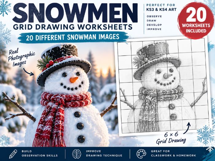 Snowmen Grid Drawing Worksheets | 20 Christmas & Winter Art Activities | KS3 KS4