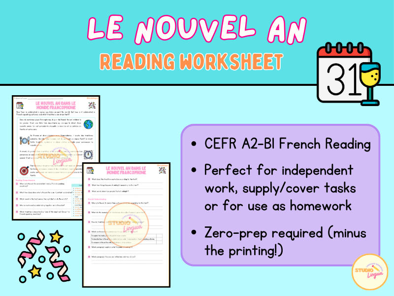French New Year Reading Comprehension | Nouvel An | KS3 MFL / CfE BGE