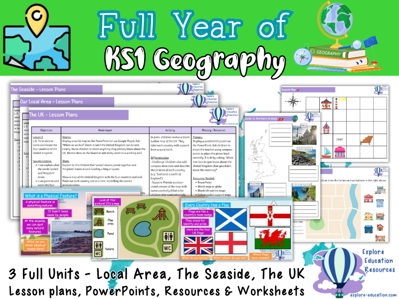 KS1 Full Year of Geography Bundle – UK, Local Area & Seaside Topics (Year 1 or Year 2)