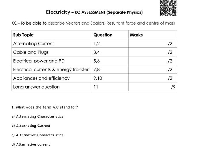 GCSE Physics Electricity Assessment with QR Code Answers | Self-Checking Test | AQA