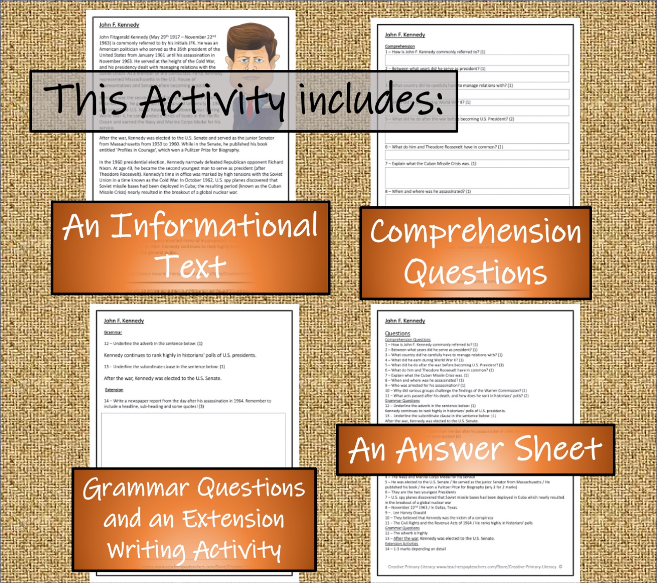 UKS2 John F. Kennedy Reading Comprehension Activity Teaching Resources