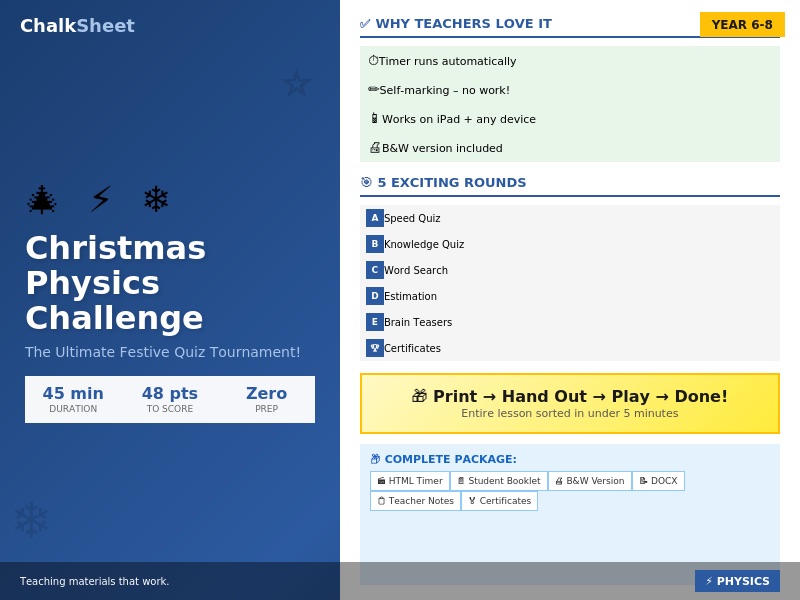 Christmas Physics Challenge | Print & Play Quiz | Self-Marking | KS3