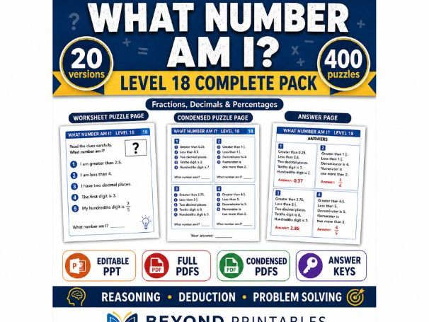 What Number Am I? Level 18: Fractions, Decimals And Percentages | 20-Version Bundle