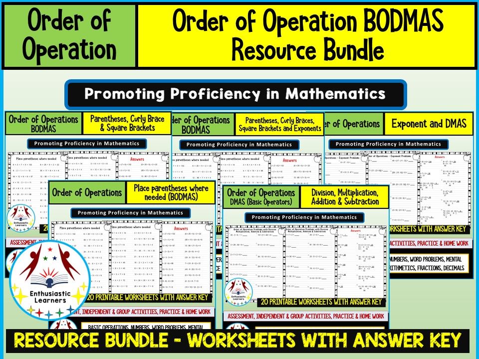 ORDER OF OPERATIONS (BODMAS) Worksheets Product or Resource BUNDLE for GRADE 4–7