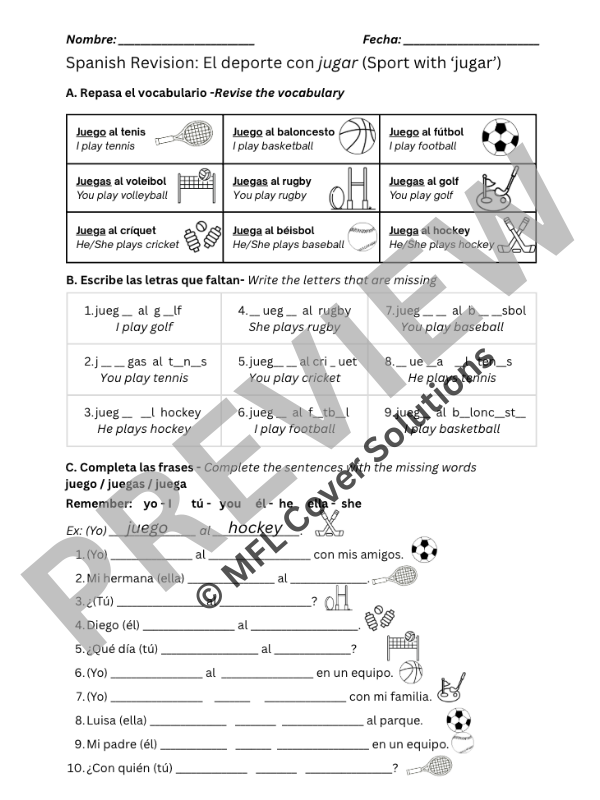 KS3 Spanish Cover Lesson - Sport with Jugar (El deporte) | Teaching ...