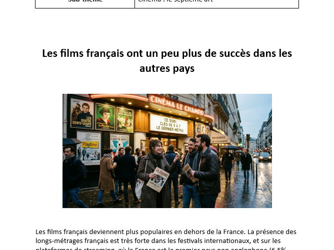 AQA French A Level stimulus card - Les films français ont un peu plus de succès dans les autres pays