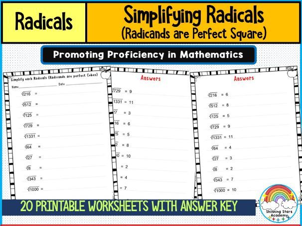 Simplifying Radicals (Radicands are Perfect Square Numbers) Worksheets | Square Roots Practice