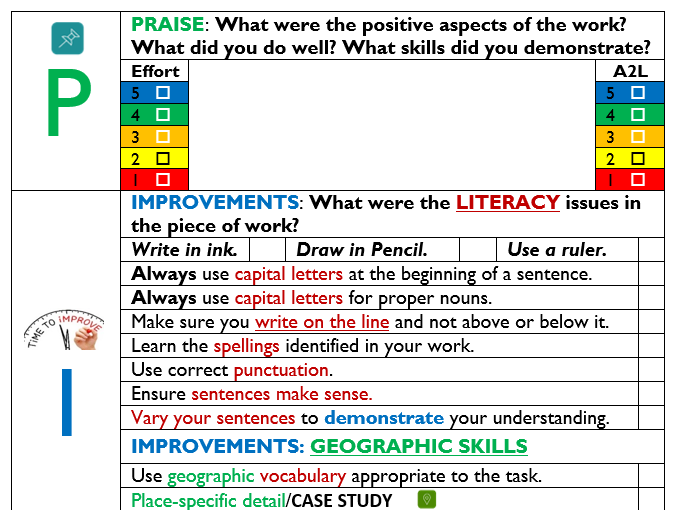 MINI PIN  (Praise, Improvements, Next Steps) Marking and Feedback Sheet
