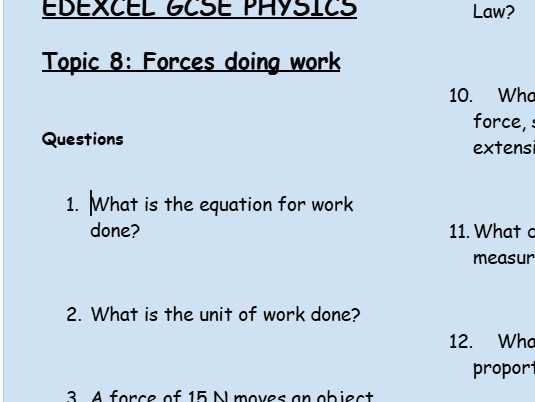 GCSE Edexcel Physics Topic 8: Energy – Forces Doing Work Revision Worksheet