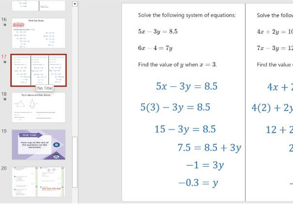 Solve a pair of linear simultaneous equations by substituting a known variable