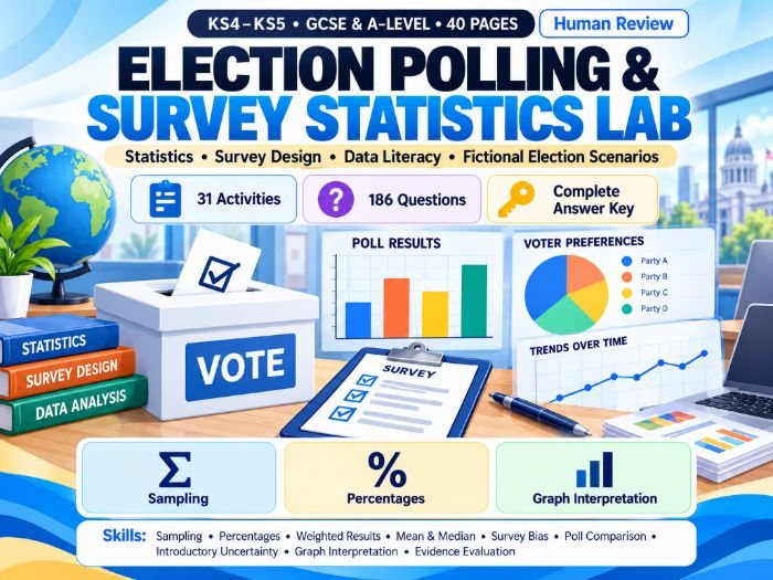 Election Polling & Survey Statistics Lab | KS4–KS5 Data Handling & Statistics | 40 Pages
