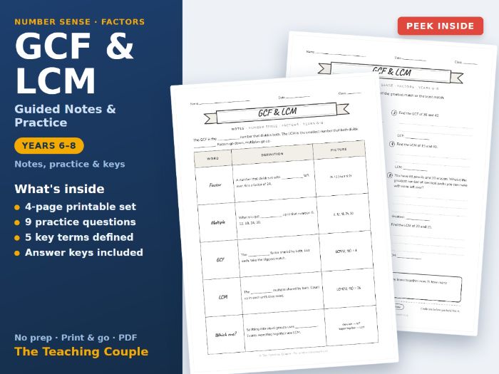 GCF & LCM Guided Notes & Practice + Answer Keys | Years 6-8