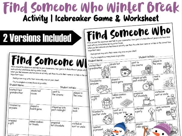 Find Someone Who Winter Break Activity | Icebreaker Game & Worksheet