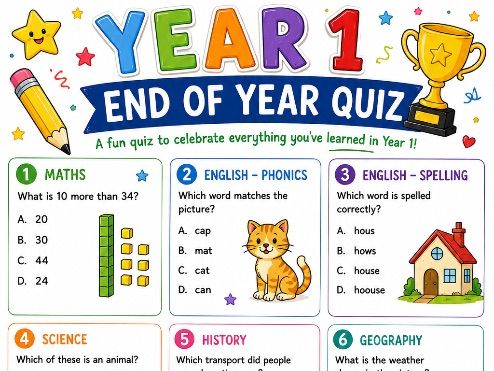 Year 1 End of Year Quiz – Fun Printable Classroom Review Activity
