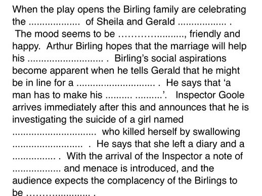 An Inspector Calls Cloze Activity & Answer sheet