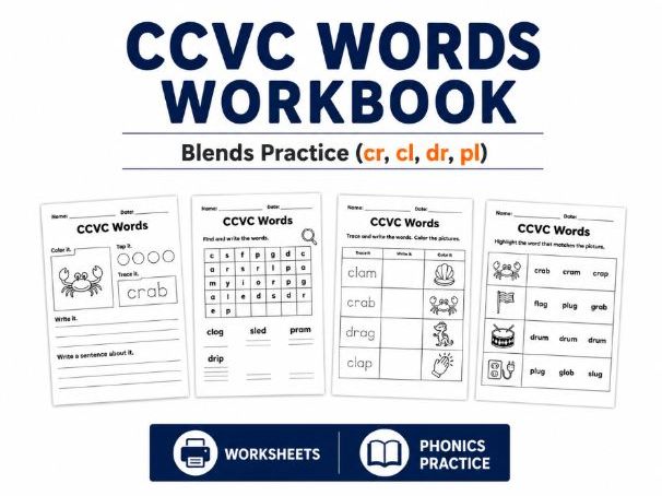 CCVC Words Worksheets | Phonics Workbook Blends (cr, cl, dr, pl)