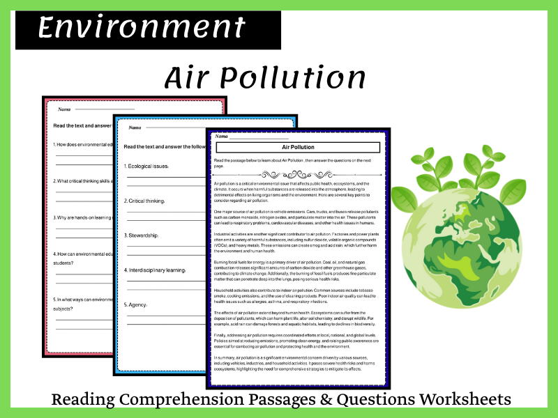 Air Pollution Reading Comprehension Passages & Questions Worksheets