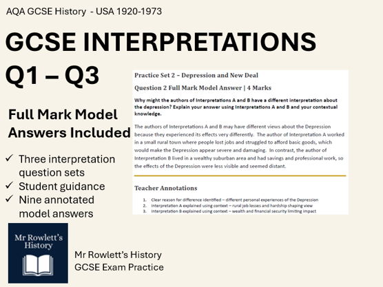 AQA GCSE History: USA 1920–1973 – Interpretation Questions 1–3 with Full‑Mark Model Answers