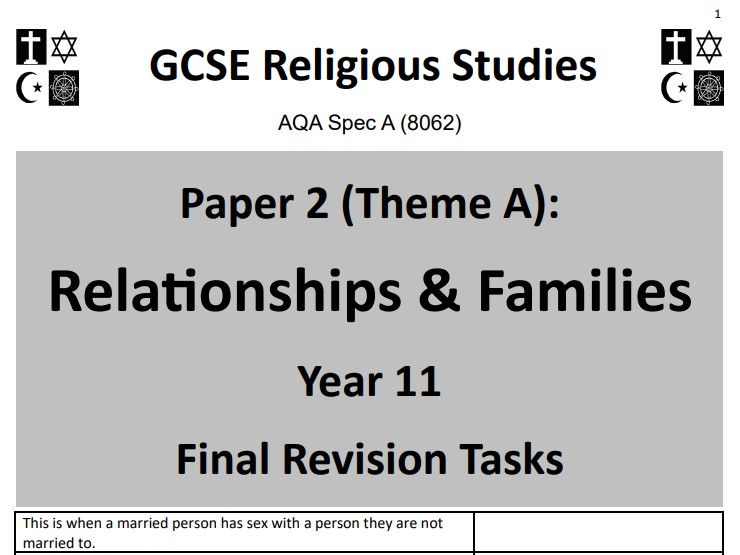 Relationships & Families (Theme A: AQA GCSE Religious Studies) - student revision activities booklet