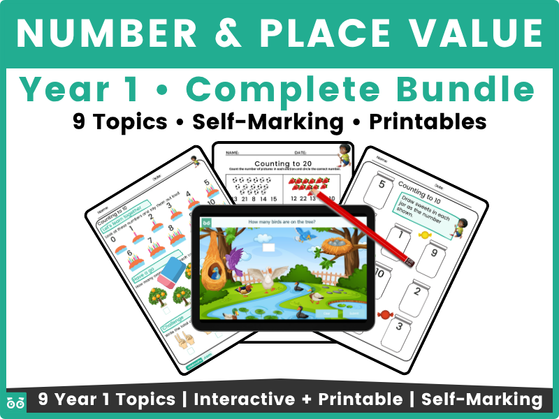 Year 1 Number & Place Value Bundle (1–100) | Counting, Number Words, More & Less | Digital + Print (6 Resources)