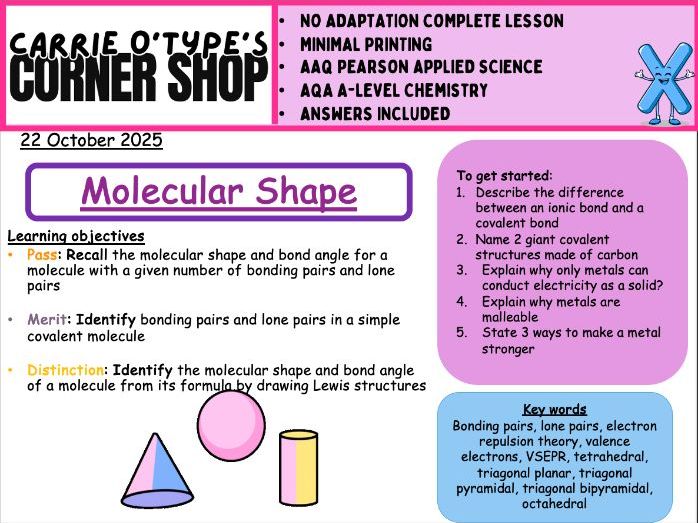 Molecular Shapes - AAQ Pearson Applied Science & AQA A-Level Chem