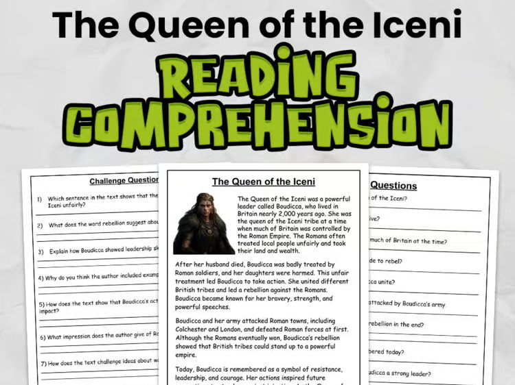 The Queen of the Iceni Reading Comprehension for Gr 3 - 5 Women's History Month