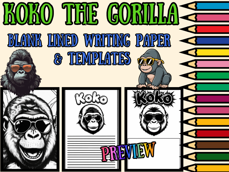 Koko the Gorilla Lined Writing Paper Templates + Coloring Pages | NO PREP Pack