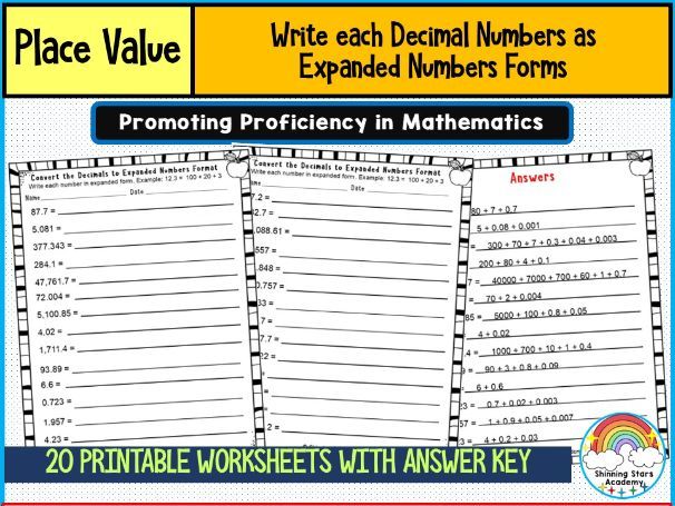 Write Each Decimal Number as Expanded Number Forms Worksheets | Decimal Place Value & Expanded Form