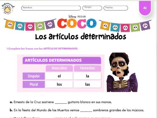 Day of the Dead  (Dia de muertos)- A1 Spanish Grammar Worksheet: Definite Articles with Coco
