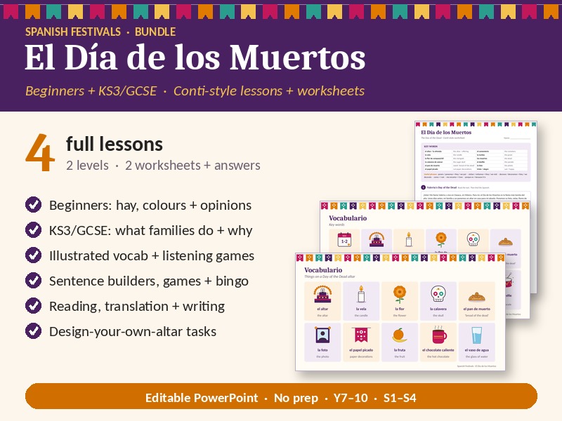 Día de los Muertos Conti-Style Bundle: 4 Spanish Lessons (at 2 levels) + 2 Worksheets