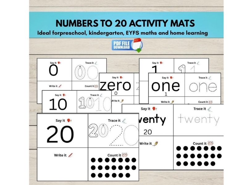 Numbers to 20 Activity Mats, Number Recognition, Counting & Number Words Boards