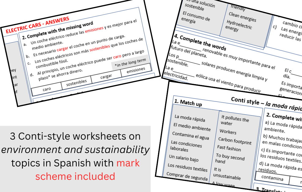 Environment and Sustainability in Spanish (la sostenibilidad) – Conti-Style Vocabulary & Practice Worksheet Bundle (National 5 / GCSE)