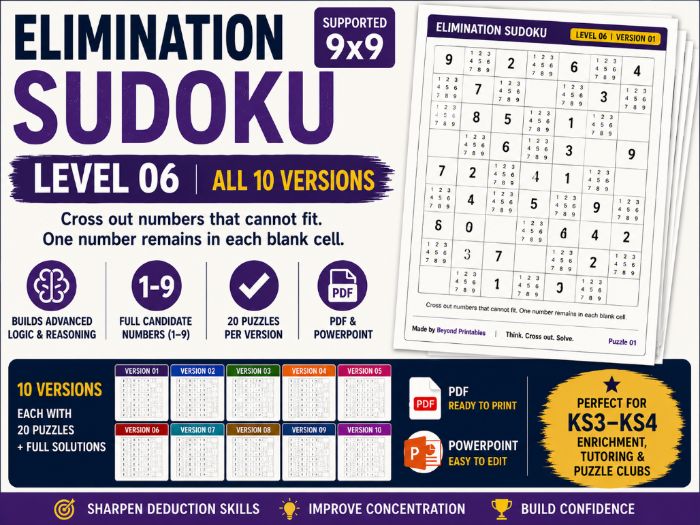 Elimination Sudoku Level 6 Bundle | 10 Versions | 200 Independent 9×9 Puzzles