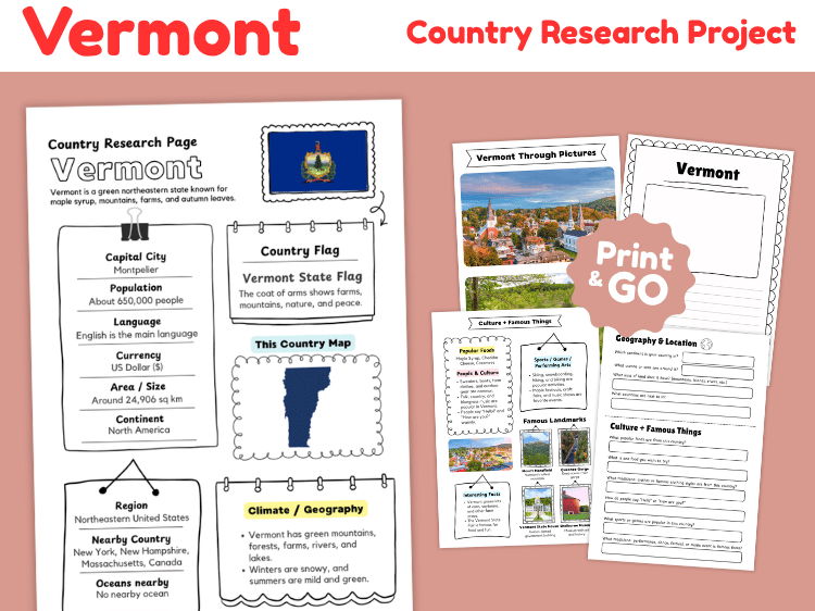 Vermont State Research Project | US Geography & State Study Worksheets