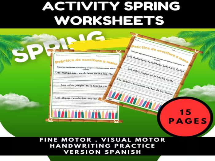 Activity Spring Worksheets:Sentence Handwriting Practice | Tracing and Writing in Spanich