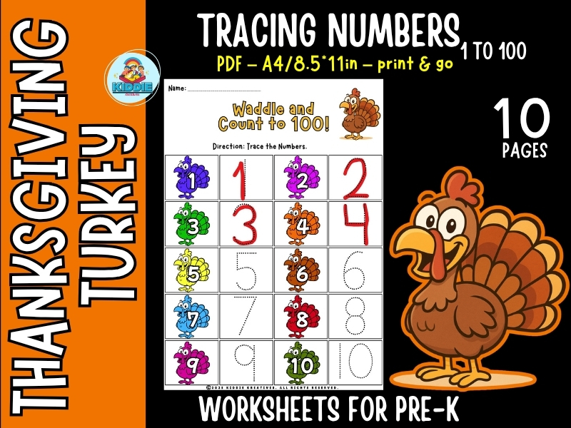 Number Tracing 1–100 Worksheets | Thanksgiving Turkey Handwriting Practice for Preschool
