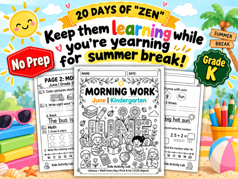 June Morning Work Kindergarten Worksheets — Daily ELA & Math Spiral Review (20 Days)