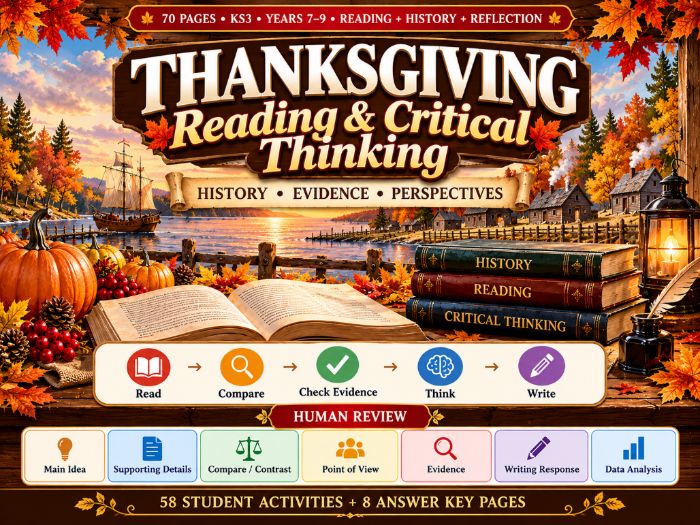 Thanksgiving Reading & Critical Thinking  KS3 Comprehension, History & Evidence  70 Pages
