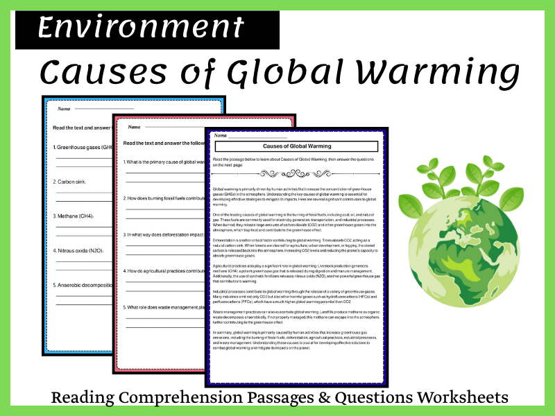 Causes of Global Warming Reading Comprehension Passages & Questions Worksheets
