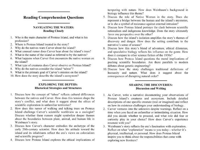 Proteus Island by Stanley G. Weinbaum with Reading Comprehension Questions