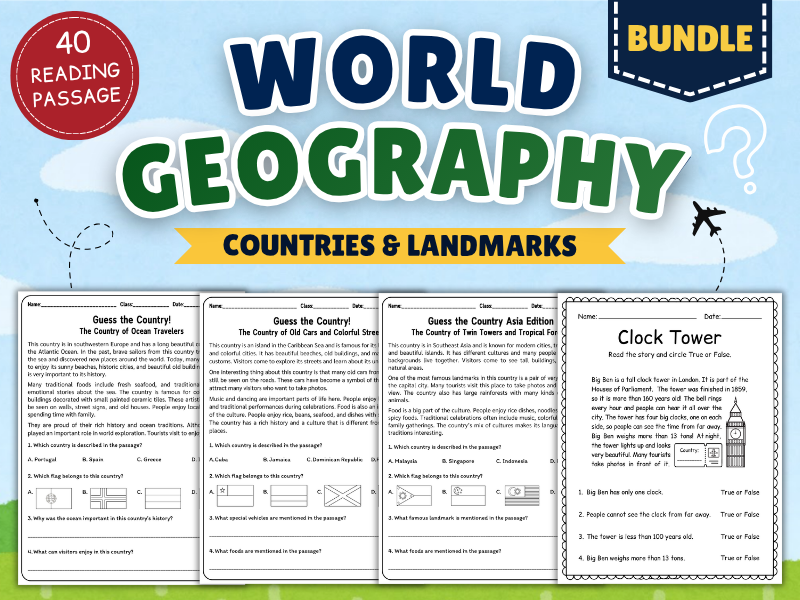 World Geography Reading Comprehension Bundle | Countries & Landmarks