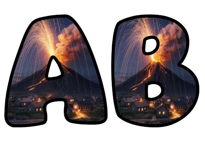 Humanties Volcanoes Night Classroom Display | Lettering Set | Upper & Lowercase, 0-9 and Signs