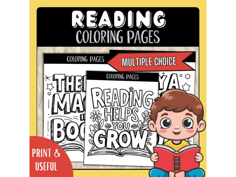 Reading Coloring Pages, Library Book Coloring Sheets, and Posters for School